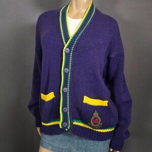 Vintage 90s Preppy Crest Cardigan Size L Purple Yellow Green Stripe Academia